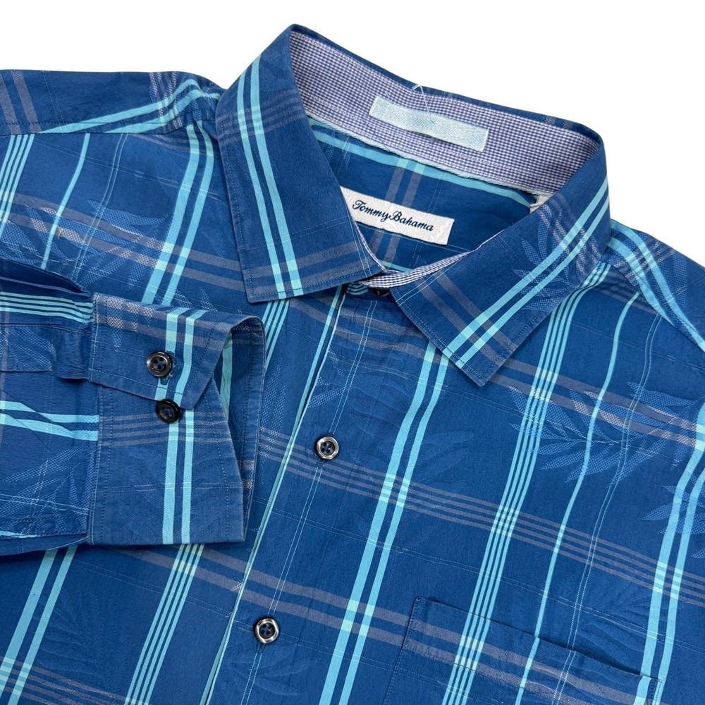 Tommy Bahama Button Up Shirt Mens Large‎ Blue Plaid Palm Jacquard Cotton Silk